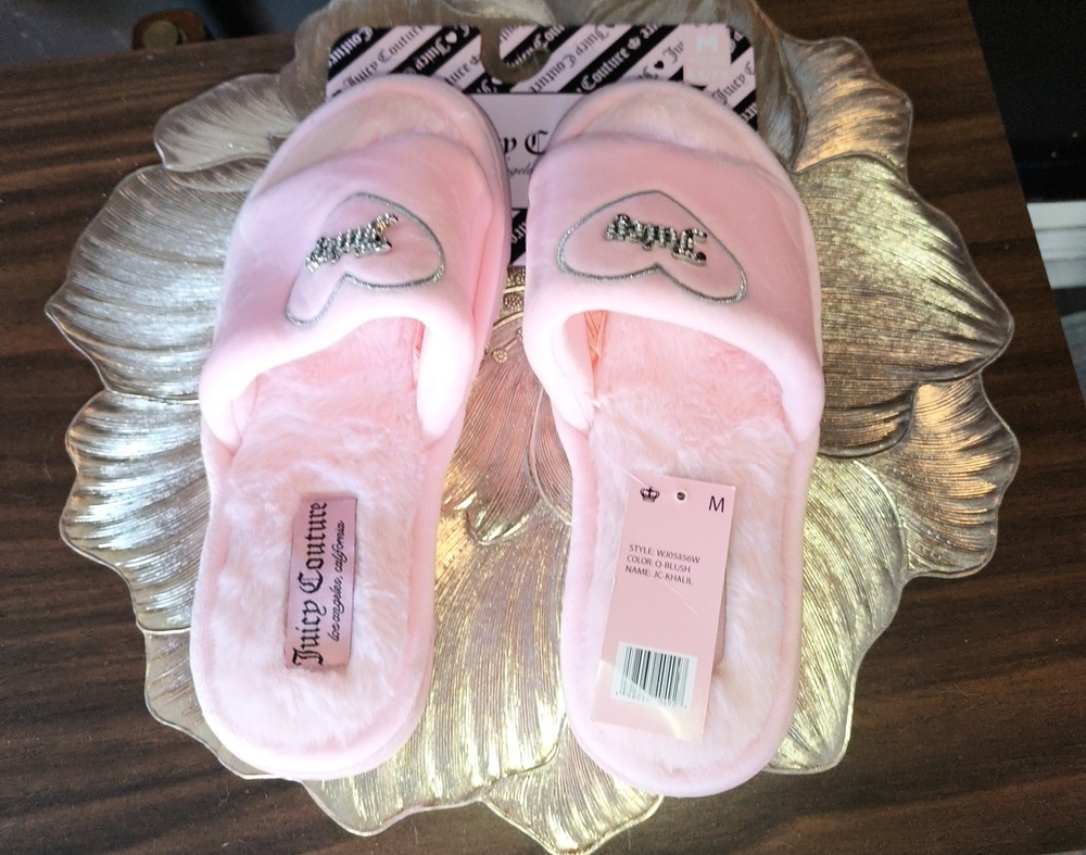 NEW Juicy Couture Pink Fuzzy Slide Slippers Juicy Rhinestone Logo Sz M 6.5-7.5